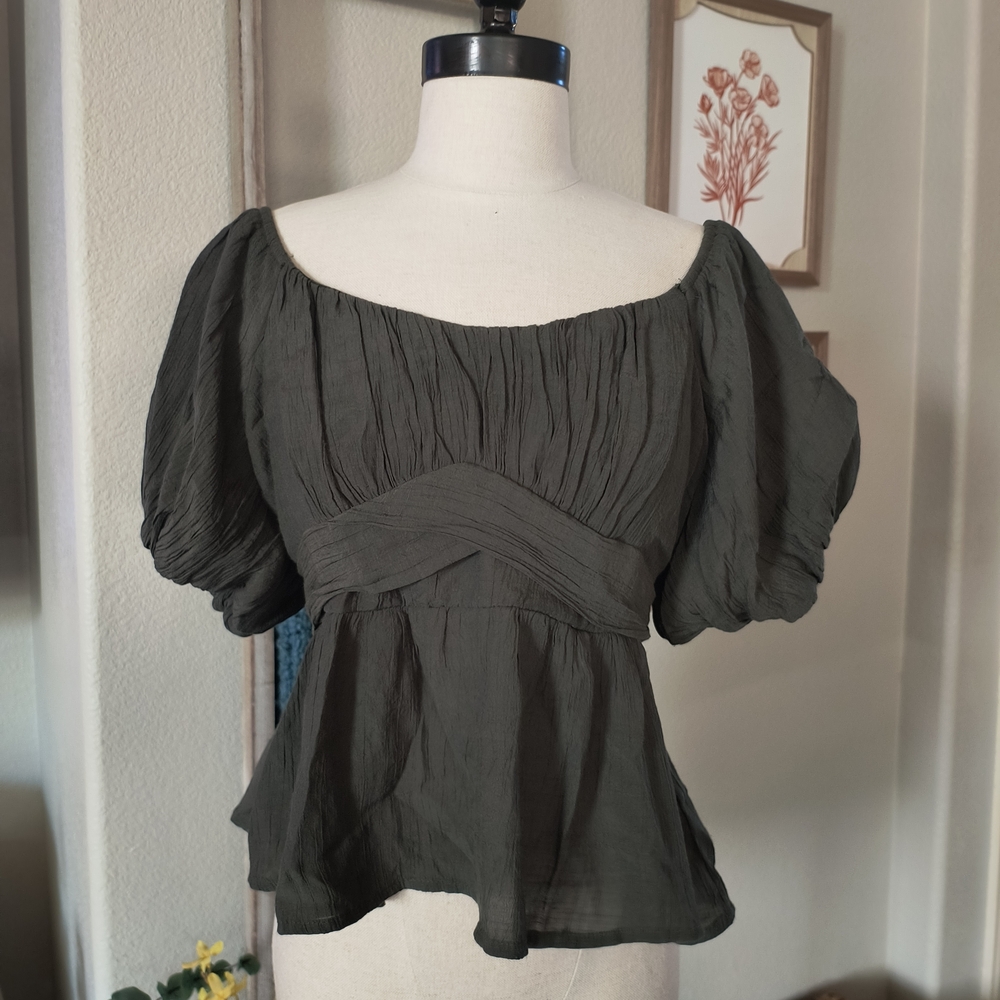 Blue Rain Green Puff Sleeve Smocked Peplum Blouse